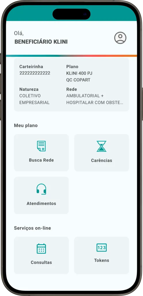 Tela inicial do aplicativo Klini Saúde com carteirinha, busca de rede, carências, atendimentos, consultas e tokens.